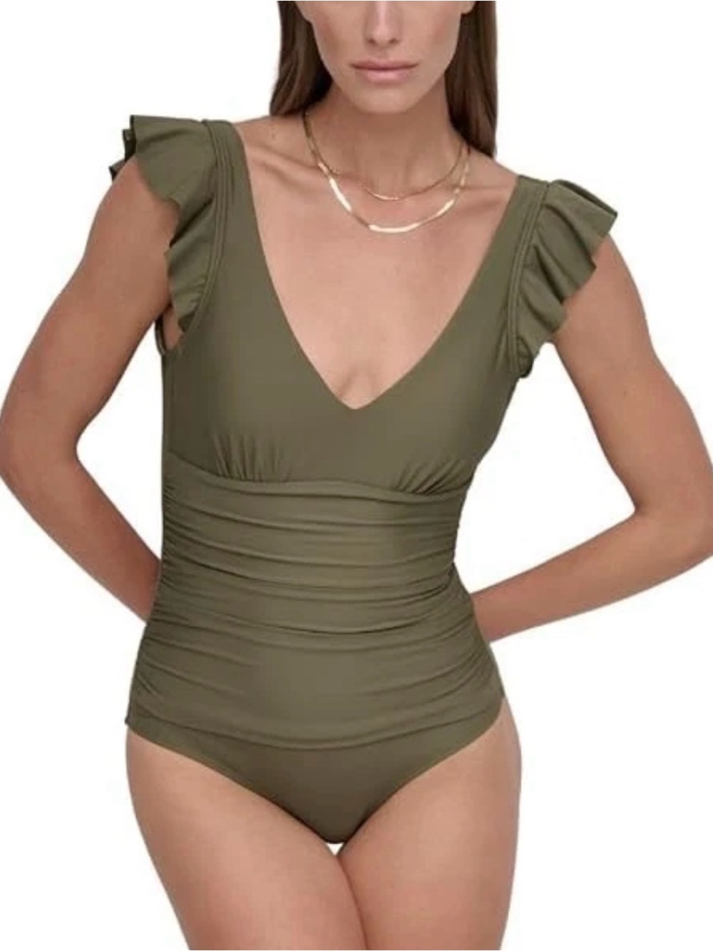 DKNY Women's Ruffle Shoulder V-Neck One Piece Swimsuit